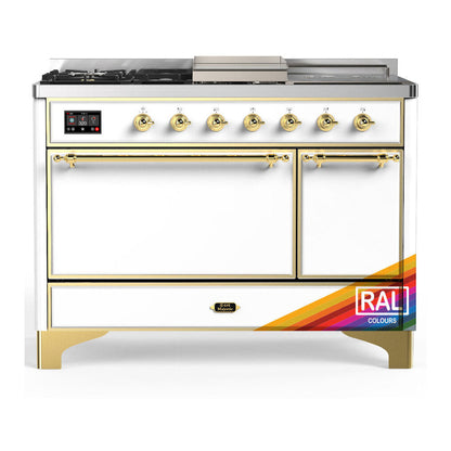 ILVE Majestic III 48-Inch Dual Fuel Range with 5 Sealed Burners + Griddle + French Top, 5.02 cu. ft. Oven, RAL with Brass Trim, Liquid Propane, Solid Door, UM48FSQNR3RAGLP