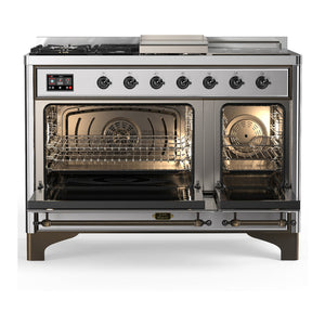ILVE Majestic III 48-Inch Dual Fuel Range with 5 Sealed Burners + Griddle + French Top, 5.02 cu. ft. Oven, Stainless Steel with Burnished Trim, Liquid Propane, Solid Door, UM48FSQNR3SSBLP