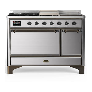 ILVE Majestic III 48-Inch Dual Fuel Range with 5 Sealed Burners + Griddle + French Top, 5.02 cu. ft. Oven, Stainless Steel with Burnished Trim, Natural Gas, Solid Door, UM48FSQNR3SSB