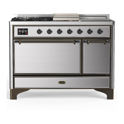ILVE Majestic III 48-Inch Dual Fuel Range with 5 Sealed Burners + Griddle + French Top, 5.02 cu. ft. Oven, Stainless Steel with Burnished Trim, Natural Gas, Solid Door, UM48FSQNR3SSB
