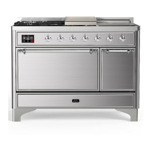 ILVE Majestic III 48-Inch Dual Fuel Range with 5 Sealed Burners + Griddle + French Top, 5.02 cu. ft. Oven, Stainless Steel with Chrome Trim, Liquid Propane, Solid Door, UM48FSQNR3SSCLP