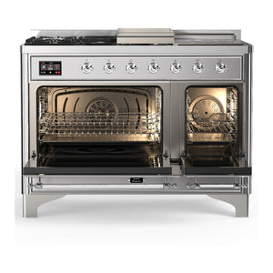 ILVE Majestic III 48-Inch Dual Fuel Range with 5 Sealed Burners + Griddle + French Top, 5.02 cu. ft. Oven, Stainless Steel with Chrome Trim, Natural Gas, Solid Door, UM48FSQNR3SSC