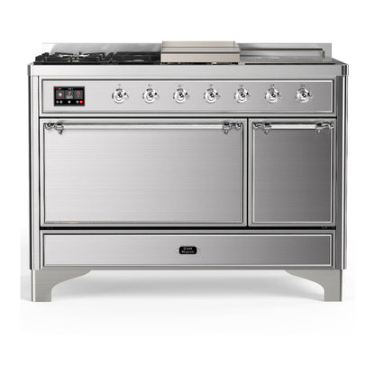 ILVE Majestic III 48-Inch Dual Fuel Range with 5 Sealed Burners + Griddle + French Top, 5.02 cu. ft. Oven, Stainless Steel with Chrome Trim, Natural Gas, Solid Door, UM48FSQNR3SSC