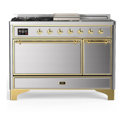 ILVE Majestic III 48-Inch Dual Fuel Range with 5 Sealed Burners + Griddle + French Top, 5.02 cu. ft. Oven, Stainless Steel with Brass Trim, Liquid Propane, Solid Door, UM48FSQNR3SSGLP