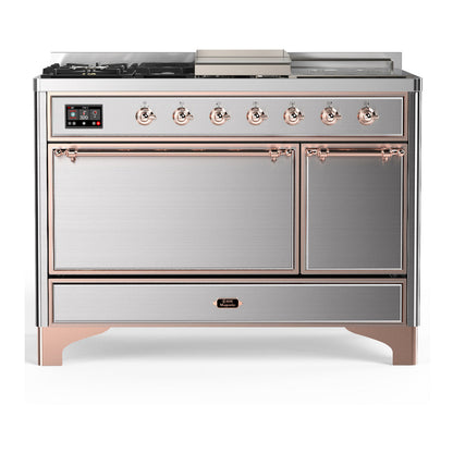 ILVE Majestic III 48-Inch Dual Fuel Range with 5 Sealed Burners + Griddle + French Top, 5.02 cu. ft. Oven, Stainless Steel with Copper Trim, Liquid Propane, Solid Door, UM48FSQNR3SSPLP