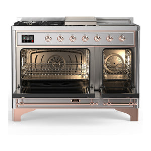 ILVE Majestic III 48-Inch Dual Fuel Range with 5 Sealed Burners + Griddle + French Top, 5.02 cu. ft. Oven, Stainless Steel with Copper Trim, Natural Gas, Solid Door, UM48FSQNR3SSP