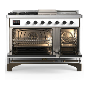 ILVE Majestic III 48-Inch Dual Fuel Range with 5 Sealed Burners + Griddle + French Top, 5.02 cu. ft. Oven, White with Burnished Trim, Liquid Propane, Solid Door, UM48FSQNR3WHBLP