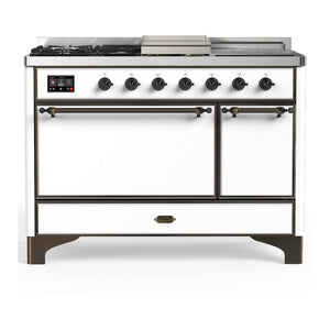 ILVE Majestic III 48-Inch Dual Fuel Range with 5 Sealed Burners + Griddle + French Top, 5.02 cu. ft. Oven, White with Burnished Trim, Liquid Propane, Solid Door, UM48FSQNR3WHBLP