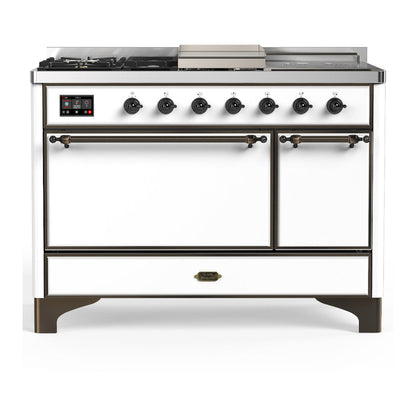 ILVE Majestic III 48-Inch Dual Fuel Range with 5 Sealed Burners + Griddle + French Top, 5.02 cu. ft. Oven, White with Burnished Trim, Liquid Propane, Solid Door, UM48FSQNR3WHBLP