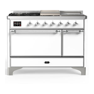 ILVE Majestic III 48-Inch Dual Fuel Range with 5 Sealed Burners + Griddle + French Top, 5.02 cu. ft. Oven, White with Chrome Trim, Liquid Propane, Solid Door, UM48FSQNR3WHCLP