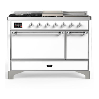 ILVE Majestic III 48-Inch Dual Fuel Range with 5 Sealed Burners + Griddle + French Top, 5.02 cu. ft. Oven, White with Chrome Trim, Liquid Propane, Solid Door, UM48FSQNR3WHCLP
