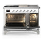 ILVE Majestic III 48-Inch Dual Fuel Range with 5 Sealed Burners + Griddle + French Top, 5.02 cu. ft. Oven, White with Chrome Trim, Natural Gas, Solid Door, UM48FSQNR3WHC