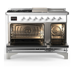 ILVE Majestic III 48-Inch Dual Fuel Range with 5 Sealed Burners + Griddle + French Top, 5.02 cu. ft. Oven, White with Chrome Trim, Natural Gas, Solid Door, UM48FSQNR3WHC