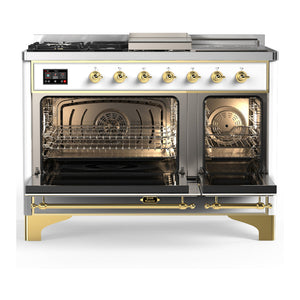 ILVE Majestic III 48-Inch Dual Fuel Range with 5 Sealed Burners + Griddle + French Top, 5.02 cu. ft. Oven, White with Brass Trim, Liquid Propane, Solid Door, UM48FSQNR3WHGLP