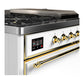 ILVE Majestic III 48-Inch Dual Fuel Range with 5 Sealed Burners + Griddle + French Top, 5.02 cu. ft. Oven, White with Brass Trim, Liquid Propane, Solid Door, UM48FSQNR3WHGLP