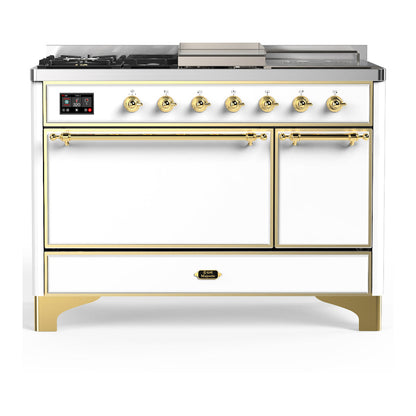 ILVE Majestic III 48-Inch Dual Fuel Range with 5 Sealed Burners + Griddle + French Top, 5.02 cu. ft. Oven, White with Brass Trim, Natural Gas, Solid Door, UM48FSQNR3WHG