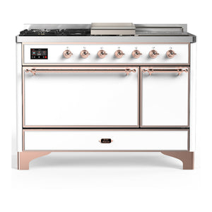 ILVE Majestic III 48-Inch Dual Fuel Range with 5 Sealed Burners + Griddle + French Top, 5.02 cu. ft. Oven, White with Copper Trim, Liquid Propane, Solid Door, UM48FSQNR3WHPLP