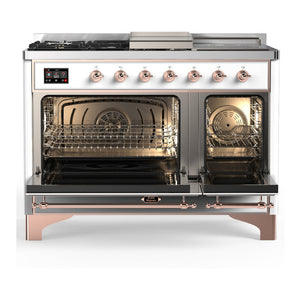 ILVE Majestic III 48-Inch Dual Fuel Range with 5 Sealed Burners + Griddle + French Top, 5.02 cu. ft. Oven, White with Copper Trim, Natural Gas, Solid Door, UM48FSQNR3WHP