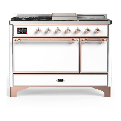 ILVE Majestic III 48-Inch Dual Fuel Range with 5 Sealed Burners + Griddle + French Top, 5.02 cu. ft. Oven, White with Copper Trim, Natural Gas, Solid Door, UM48FSQNR3WHP