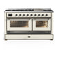 ILVE Majestic III 60-Inch Dual Fuel Range with 9 Sealed Burners + Griddle, 5.8 cu. ft. Oven, Antique White with Burnished Trim, Liquid Propane, Triple Glass Door, UM60FNR3AWBLP