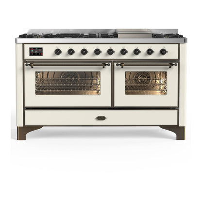 ILVE Majestic III 60-Inch Dual Fuel Range with 9 Sealed Burners + Griddle, 5.8 cu. ft. Oven, Antique White with Burnished Trim, Liquid Propane, Triple Glass Door, UM60FNR3AWBLP