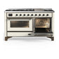 ILVE Majestic III 60-Inch Dual Fuel Range with 9 Sealed Burners + Griddle, 5.8 cu. ft. Oven, Antique White with Burnished Trim, Natural Gas, Triple Glass Door, UM60FNR3AWB