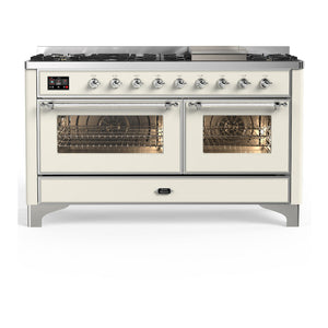 ILVE Majestic III 60-Inch Dual Fuel Range with 9 Sealed Burners + Griddle, 5.8 cu. ft. Oven, Antique White with Chrome Trim, Liquid Propane, Triple Glass Door, UM60FNR3AWCLP