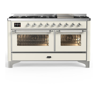 ILVE Majestic III 60-Inch Dual Fuel Range with 9 Sealed Burners + Griddle, 5.8 cu. ft. Oven, Antique White with Chrome Trim, Natural Gas, Triple Glass Door, UM60FNR3AWC
