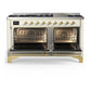 ILVE Majestic III 60-Inch Dual Fuel Range with 9 Sealed Burners + Griddle, 5.8 cu. ft. Oven, Antique White with Brass Trim, Liquid Propane, Triple Glass Door, UM60FNR3AWGLP