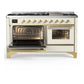 ILVE Majestic III 60-Inch Dual Fuel Range with 9 Sealed Burners + Griddle, 5.8 cu. ft. Oven, Antique White with Brass Trim, Liquid Propane, Triple Glass Door, UM60FNR3AWGLP