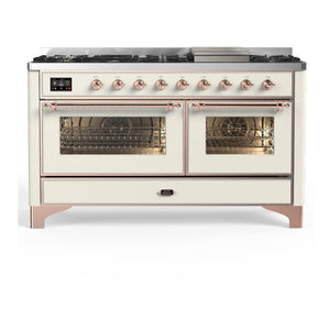 ILVE Majestic III 60-Inch Dual Fuel Range with 9 Sealed Burners + Griddle, 5.8 cu. ft. Oven, Antique White with Copper Trim, Liquid Propane, Triple Glass Door, UM60FNR3AWPLP