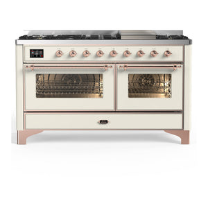 ILVE Majestic III 60-Inch Dual Fuel Range with 9 Sealed Burners + Griddle, 5.8 cu. ft. Oven, Antique White with Copper Trim, Natural Gas, Triple Glass Door, UM60FNR3AWP