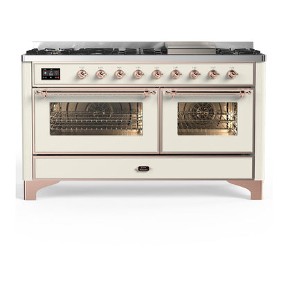 ILVE Majestic III 60-Inch Dual Fuel Range with 9 Sealed Burners + Griddle, 5.8 cu. ft. Oven, Antique White with Copper Trim, Natural Gas, Triple Glass Door, UM60FNR3AWP