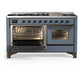ILVE Majestic III 60-Inch Dual Fuel Range with 9 Sealed Burners + Griddle, 5.8 cu. ft. Oven, Blue Grey with Burnished Trim, Liquid Propane, Triple Glass Door, UM60FNR3BGBLP