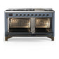 ILVE Majestic III 60-Inch Dual Fuel Range with 9 Sealed Burners + Griddle, 5.8 cu. ft. Oven, Blue Grey with Burnished Trim, Natural Gas, Triple Glass Door, UM60FNR3BGB
