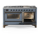 ILVE Majestic III 60-Inch Dual Fuel Range with 9 Sealed Burners + Griddle, 5.8 cu. ft. Oven, Blue Grey with Burnished Trim, Natural Gas, Triple Glass Door, UM60FNR3BGB