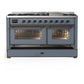 ILVE Majestic III 60-Inch Dual Fuel Range with 9 Sealed Burners + Griddle, 5.8 cu. ft. Oven, Blue Grey with Burnished Trim, Natural Gas, Triple Glass Door, UM60FNR3BGB