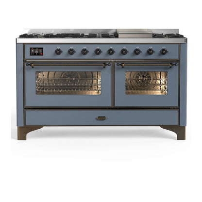 ILVE Majestic III 60-Inch Dual Fuel Range with 9 Sealed Burners + Griddle, 5.8 cu. ft. Oven, Blue Grey with Burnished Trim, Natural Gas, Triple Glass Door, UM60FNR3BGB