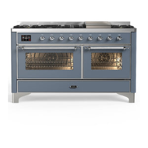ILVE Majestic III 60-Inch Dual Fuel Range with 9 Sealed Burners + Griddle, 5.8 cu. ft. Oven, Blue Grey with Chrome Trim, Liquid Propane, Triple Glass Door, UM60FNR3BGCLP