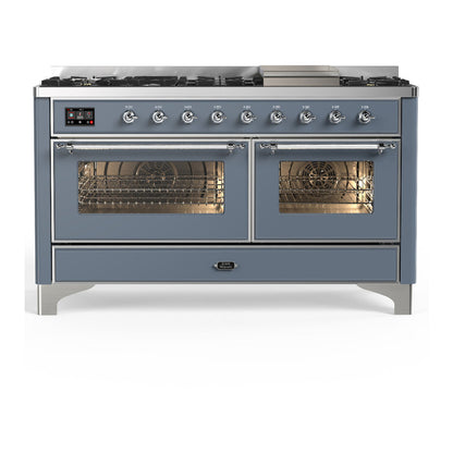 ILVE Majestic III 60-Inch Dual Fuel Range with 9 Sealed Burners + Griddle, 5.8 cu. ft. Oven, Blue Grey with Chrome Trim, Liquid Propane, Triple Glass Door, UM60FNR3BGCLP