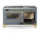 ILVE Majestic III 60-Inch Dual Fuel Range with 9 Sealed Burners + Griddle, 5.8 cu. ft. Oven, Blue Grey with Brass Trim, Liquid Propane, Triple Glass Door, UM60FNR3BGGLP