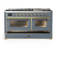 ILVE Majestic III 60-Inch Dual Fuel Range with 9 Sealed Burners + Griddle, 5.8 cu. ft. Oven, Blue Grey with Brass Trim, Natural Gas, Triple Glass Door, UM60FNR3BGG