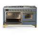ILVE Majestic III 60-Inch Dual Fuel Range with 9 Sealed Burners + Griddle, 5.8 cu. ft. Oven, Blue Grey with Brass Trim, Natural Gas, Triple Glass Door, UM60FNR3BGG