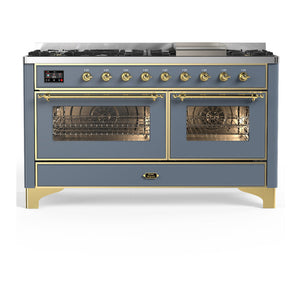 ILVE Majestic III 60-Inch Dual Fuel Range with 9 Sealed Burners + Griddle, 5.8 cu. ft. Oven, Blue Grey with Brass Trim, Natural Gas, Triple Glass Door, UM60FNR3BGG