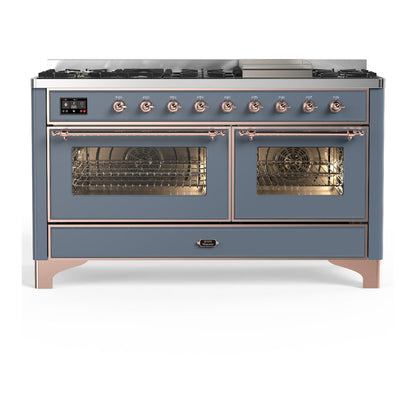 ILVE Majestic III 60-Inch Dual Fuel Range with 9 Sealed Burners + Griddle, 5.8 cu. ft. Oven, Blue Grey with Copper Trim, Liquid Propane, Triple Glass Door, UM60FNR3BGPLP