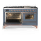 ILVE Majestic III 60-Inch Dual Fuel Range with 9 Sealed Burners + Griddle, 5.8 cu. ft. Oven, Blue Grey with Copper Trim, Natural Gas, Triple Glass Door, UM60FNR3BGP