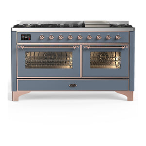 ILVE Majestic III 60-Inch Dual Fuel Range with 9 Sealed Burners + Griddle, 5.8 cu. ft. Oven, Blue Grey with Copper Trim, Natural Gas, Triple Glass Door, UM60FNR3BGP