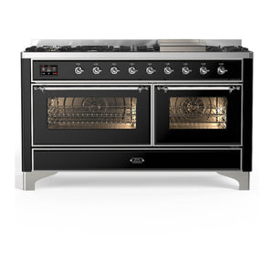 ILVE Majestic III 60-Inch Dual Fuel Range with 9 Sealed Burners + Griddle, 5.8 cu. ft. Oven, Glossy Black with Chrome Trim, Liquid Propane, Triple Glass Door, UM60FNR3BKCLP