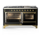 ILVE Majestic III 60-Inch Dual Fuel Range with 9 Sealed Burners + Griddle, 5.8 cu. ft. Oven, Glossy Black with Brass Trim, Liquid Propane, Triple Glass Door, UM60FNR3BKGLP