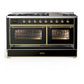 ILVE Majestic III 60-Inch Dual Fuel Range with 9 Sealed Burners + Griddle, 5.8 cu. ft. Oven, Glossy Black with Brass Trim, Liquid Propane, Triple Glass Door, UM60FNR3BKGLP